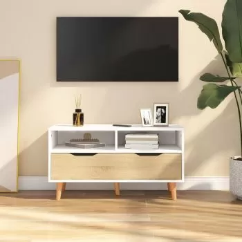  Comodă TV, alb și stejar sonoma, 90x40x48,5 cm, lemn prelucrat