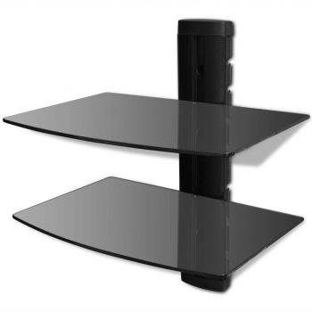 Raft DVD din sticla montat pe perete cu 2 niveluri negru, negru, 36 x 28 x 40 cm