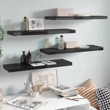  Rafturi de perete, 4 buc., negru extralucios 80x23,5x3,8 cm MDF