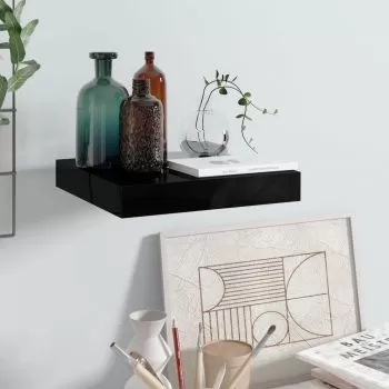  Raft de perete suspendat negru extralucios, 23x23,5x3,8 cm, MDF