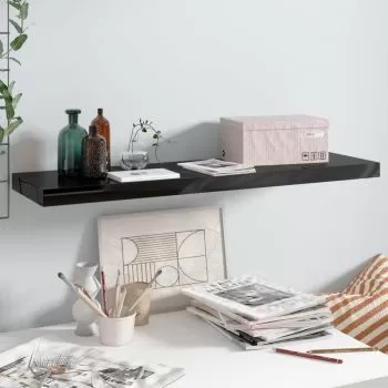  Raft perete suspendat, negru extralucios, 90x23,5x3,8 cm, MDF