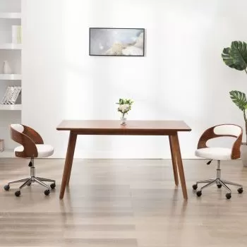  Scaune pivotante, 2 buc. alb, lemn curbat & piele ecologică
