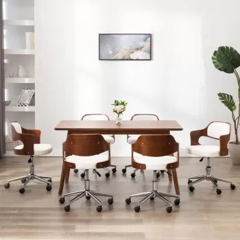  Scaune pivotante, 6 buc. alb, lemn curbat & piele ecologică