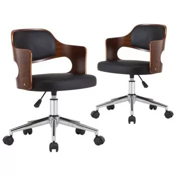 Scaune pivotante, 2 buc. negru, lemn curbat & piele ecologică