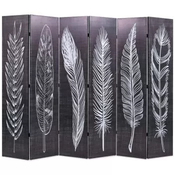  Paravan cameră pliabil, negru&alb, 228 x 170 cm, imprimeu pene