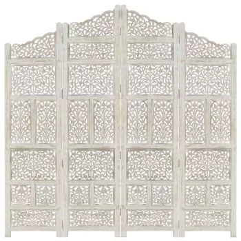  Paravan cameră sculptat manual, 4 panouri, alb 160x165 cm mango
