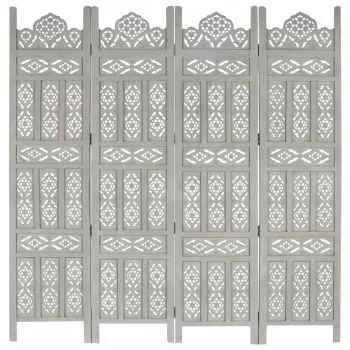  Paravan cameră sculptat manual 4 panouri gri 160x165 cm mango