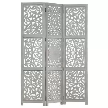 Paravan cameră sculptat manual 3 panouri gri 120x165 cm mango