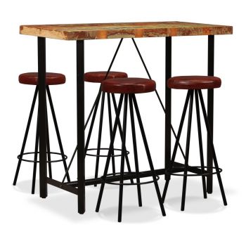 Set mobilier bar, 5 piese lemn masiv reciclat și piele naturală, maro, 60 x 60 x 107 cm