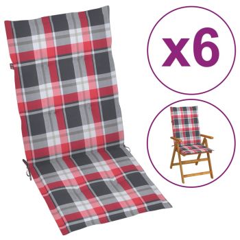 Perne scaun grădină, 6 buc., roșu, model carouri, 120x50x4 cm