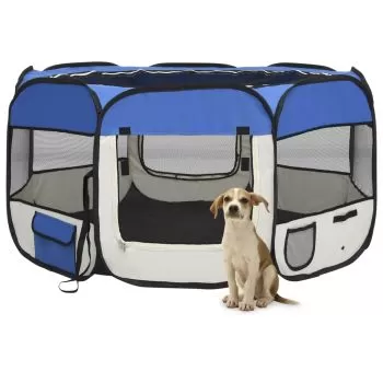 Țarc câini pliabil cu sac de transport, albastru, 125x125x61 cm