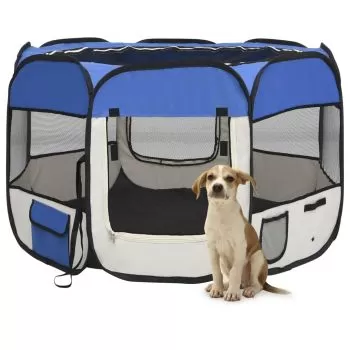 Țarc joacă pliabil câini cu sac de transport albastru 90x90x58 cm