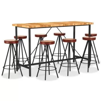  Set de bar 9 piese lemn masiv de acacia piele naturală și pânză