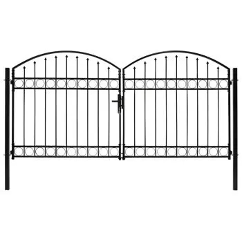 Poarta de gard dubla cu varf in arcada, negru, 300 x 125 cm