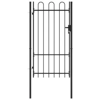  Poartă de gard, o ușă, cu vârf arcuit, negru, 1 x 1,75 m, oțel