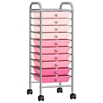 Cărucior de depozitare mobil cu 10 sertare, roz ombre, plastic