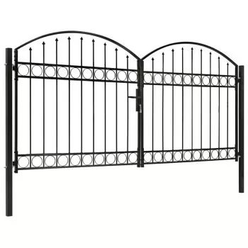 Poarta de gard dubla cu varf in arcada, negru, 300 x 125 cm