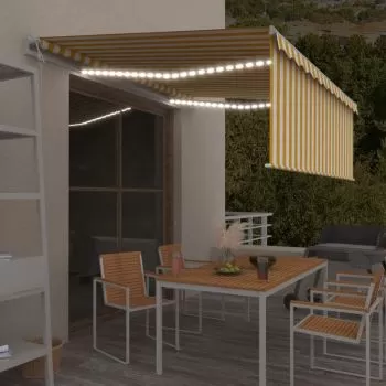  Copertină automată cu stor&senzor vânt&LED, galben&alb, 4x3 m 