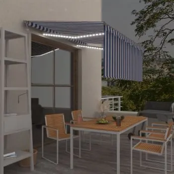  Copertină automată stor LED senzor vânt albastru&alb 3,5x2,5 m