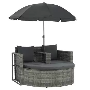 Canapea de gradina cu 2 locuri cu perne & umbrela gri poliratan, gri, 130 x 58 x 77 cm