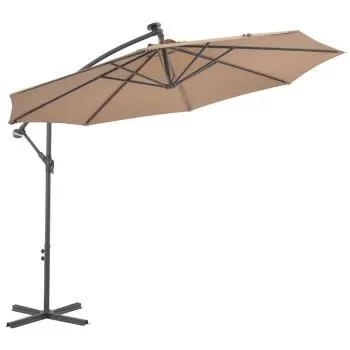 Umbrelă suspendată cu LED și stâlp de oțel, gri taupe, 300 cm