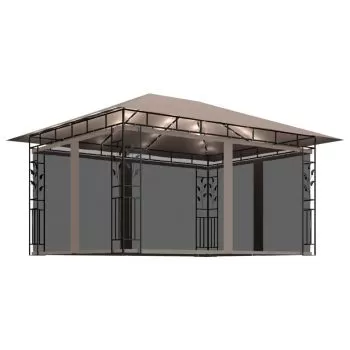Pavilion cu plasa anti-tantari&lumini LED, gri taupe, 4 x 3 x 2.73 m