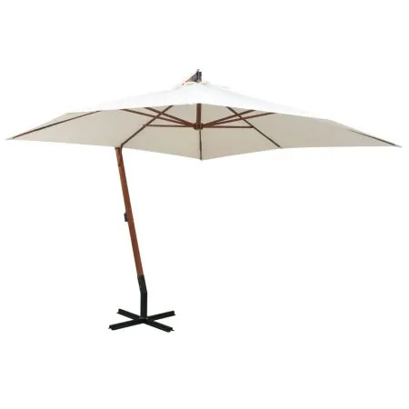  Umbrelă de soare suspendată cu stâlp de lemn, 300x300 cm, alb