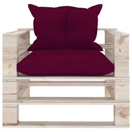 Canapea de gradina din paleti cu perne rosu vin, bordo, 80 x 67.5 x 62 cm