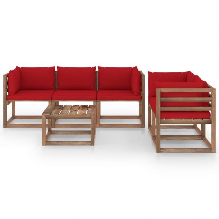 Set mobilier de gradina cu perne rosii, 6 piese, maro
