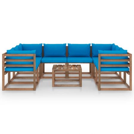 Set mobilier de gradina cu perne albastru deschis, 9 piese, maro