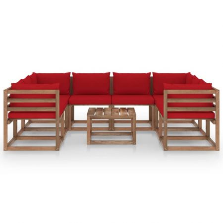 Set mobilier de gradina cu perne rosii, 9 piese, maro