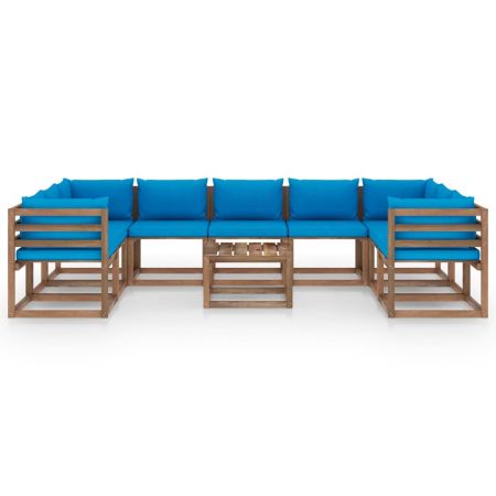 Set mobilier de grădină, 10 piese, cu perne albastru deschis