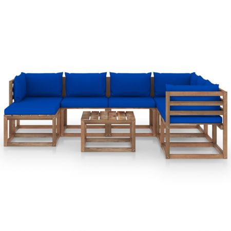 Set mobilier de gradina cu perne albastre, 8 piese, maro