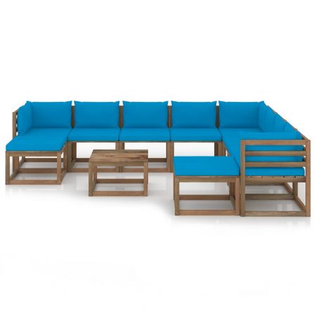 Set mobilier de grădină, 11 piese, cu perne albastru deschis