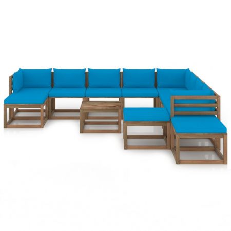 Set mobilier de grădină, 12 piese, cu perne albastru deschis