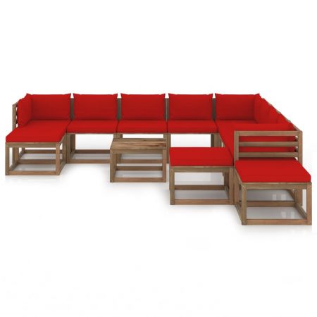 Set mobilier de gradina cu perne rosii, 12 piese, maro