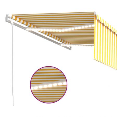 Copertina automata cu stor&LED&senzor vant galben&alb, galben si alb, 4.5 x 3 m