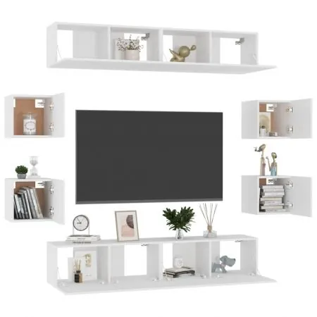 Set de dulapuri TV, 8 piese, alb, lemn prelucrat