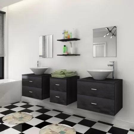 Set de mobilier de baie cu 7 piese si chiuvete incluse, negru