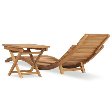 Șezlong de soare pliabil cu masă, lemn masiv de tec