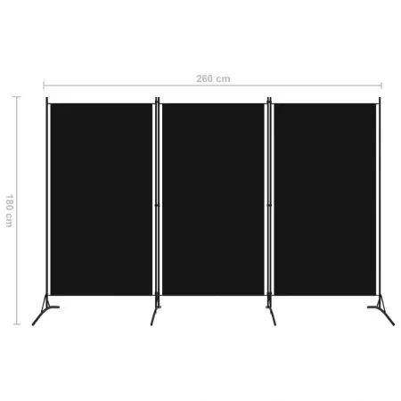 Paravan de camera cu 3 panouri, negru, 260 x 260 x 180 cm