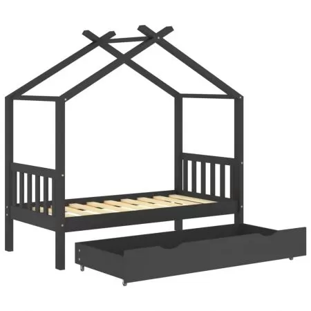 Cadru pat copii cu sertar gri inchis lemn masiv pin, gri închis, 80 x 160 cm