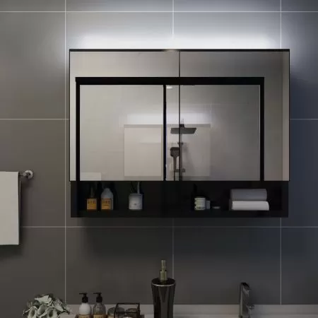 Dulap de baie cu oglinda si LED-uri, negru