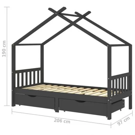 Cadru pat copii cu sertare gri inchis lemn masiv pin, gri închis, 90 x 200 cm