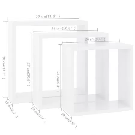 Set 3 bucati rafturi cub de perete, alb, 30 x 10 x 30 cm