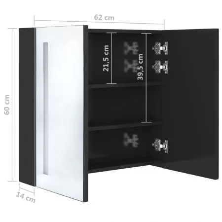 Dulap de baie cu oglinda si LED negru stralucitor 62x14x60 cm, negru strălucitor, 62 x 14 x 60 cm