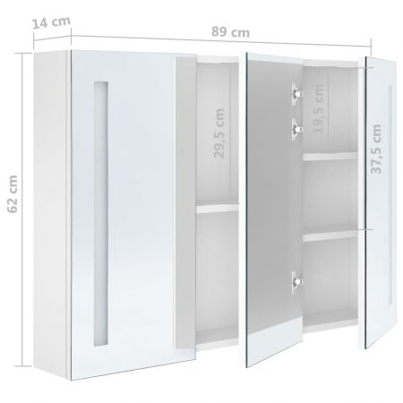 Dulap de baie cu oglinda si LED, alb strălucitor, 89 x 14 x 62 cm