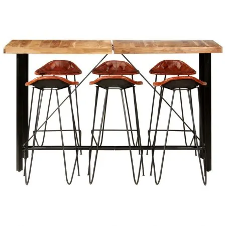 Set mobilier bar 7 piese lemn masiv sheesham & piele naturala, maro, 42 x 42 x 86 cm