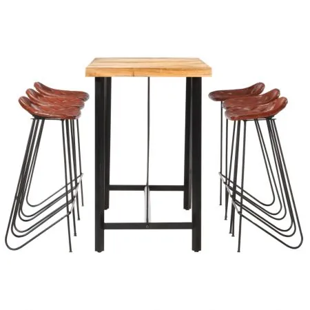 Set mobilier bar 7 piese lemn masiv sheesham & piele naturala, maro, 42 x 42 x 86 cm