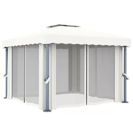 Pavilion cu perdele & siruri lumini LED, crem, 3 x 3 m